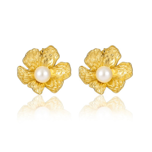 Wholesale Jewelry Retro Style Stainless Steel Petal Texture With Pearl Earrings Electroplated