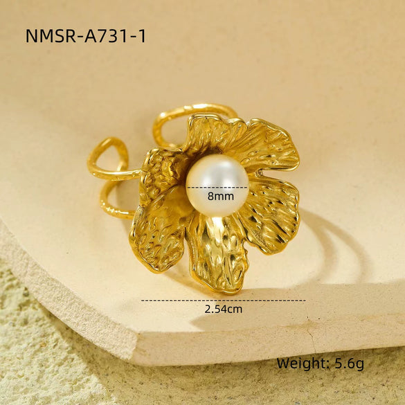 Wholesale Jewelry Retro Style Stainless Steel Petal Texture With Pearl Earrings Electroplated