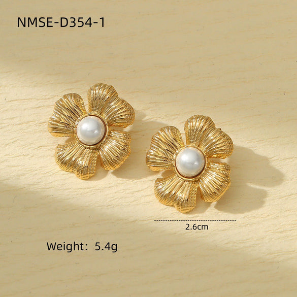 Wholesale Jewelry Retro Style Stainless Steel Petal Texture With Pearl Earrings Electroplated