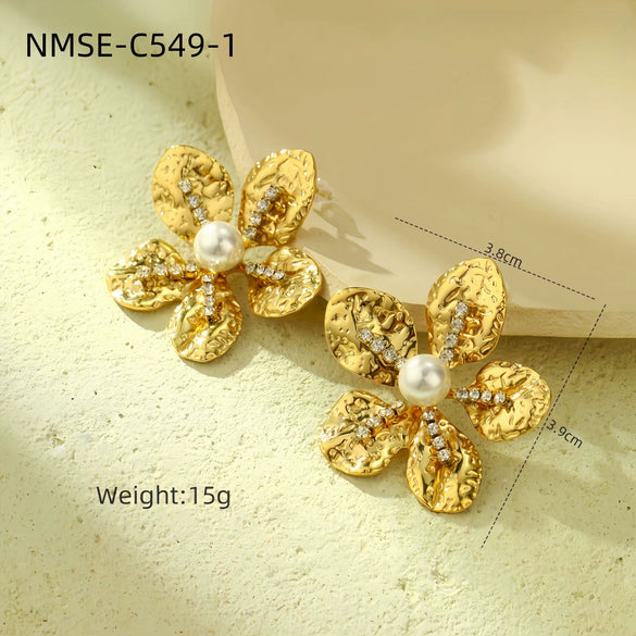 Wholesale Jewelry Retro Style Stainless Steel Petal Texture With Pearl Earrings Electroplated