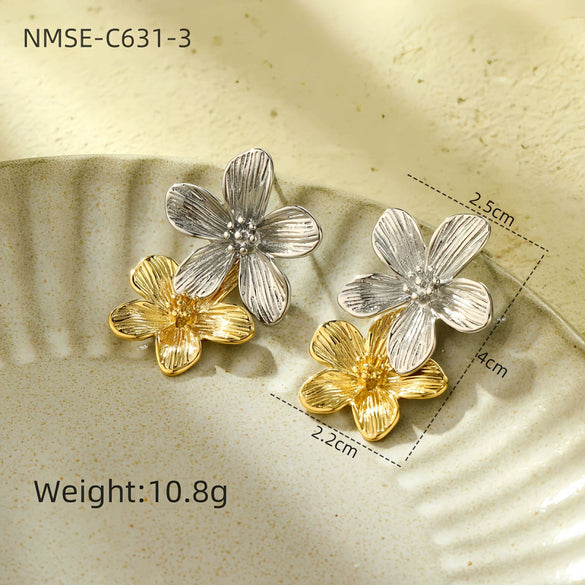 Wholesale Jewelry Retro Style Stainless Steel Petal Texture With Pearl Earrings Electroplated