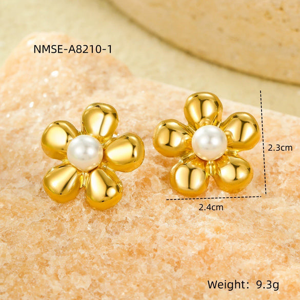 Wholesale Jewelry Retro Style Stainless Steel Petal Texture With Pearl Earrings Electroplated