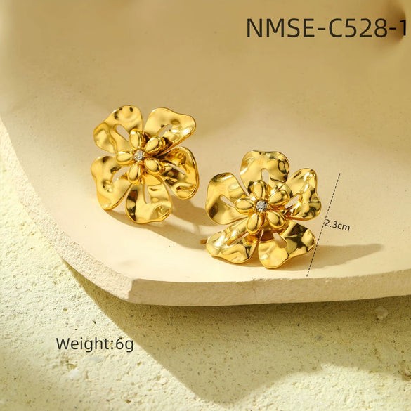 Wholesale Jewelry Retro Style Stainless Steel Petal Texture With Pearl Earrings Electroplated