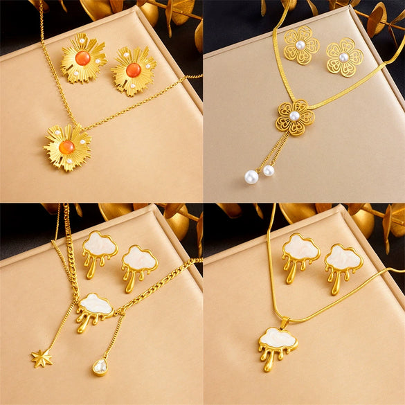 Wholesale Jewelry Retro Style Stainless Steel Plants And Flowers Pattern Gold Plated Necklace Earrings