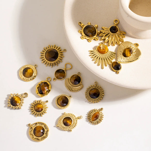 Wholesale Jewelry Retro Style Stainless Steel Tiger Eye Stone Inlay Pendant With Vacuum In Furnace Electroplating