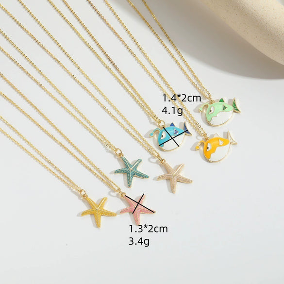 Wholesale Jewelry Retro Style Starfish Pendant Necklace Copper Electroplating Mixed Gemstone Setting O Chain For Women