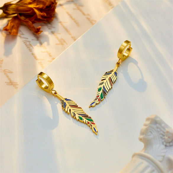 Wholesale Jewelry Retro Style Titanium Steel Gold Color Oil Drop Leaf Pendant Earrings Electroplated For Women