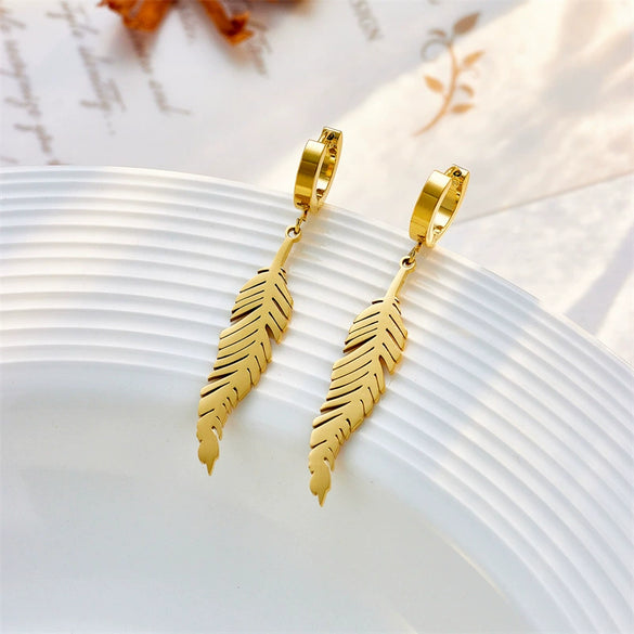 Wholesale Jewelry Retro Style Titanium Steel Gold Color Oil Drop Leaf Pendant Earrings Electroplated For Women