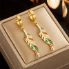 Wholesale Jewelry Retro Style Titanium Steel Gold Color Oil Drop Leaf Pendant Earrings Electroplated For Women