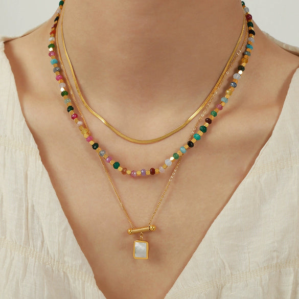 Wholesale Jewelry Retro Style 316L Stainless Steel 18K Gold Plated Geometric White Shell Pendant Necklace