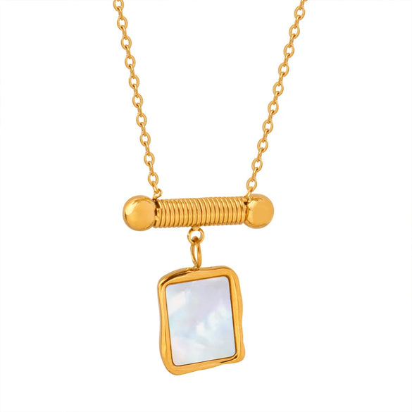Wholesale Jewelry Retro Style 316L Stainless Steel 18K Gold Plated Geometric White Shell Pendant Necklace