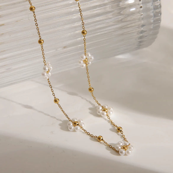 Wholesale Jewelry Retro Sweet Commute Flower 304 Stainless Steel 18K Gold Plated Pearl Necklace