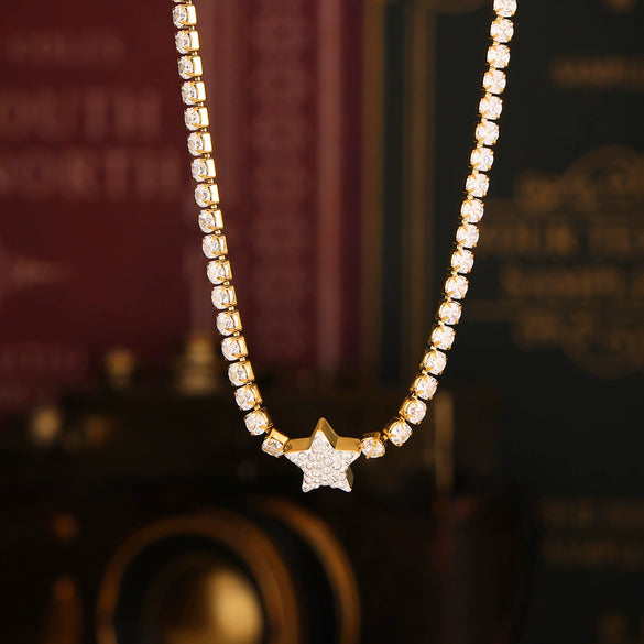 Wholesale Jewelry Retro Sweet Geometric Star Pendant Necklace Titanium Steel Zircon 18K Gold Plated