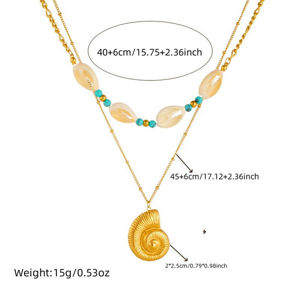 Wholesale Jewelry Retro Trend Turquoise Conch Shell Stainless Steel Animal Zodiac Electroplated Double Layer Chain Necklace For Women
