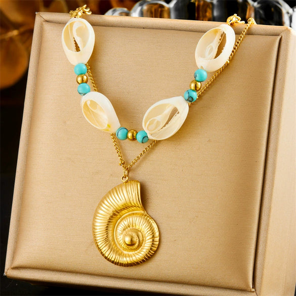 Wholesale Jewelry Retro Trend Turquoise Conch Shell Stainless Steel Animal Zodiac Electroplated Double Layer Chain Necklace For Women