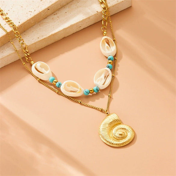 Wholesale Jewelry Retro Trend Turquoise Conch Shell Stainless Steel Animal Zodiac Electroplated Double Layer Chain Necklace For Women