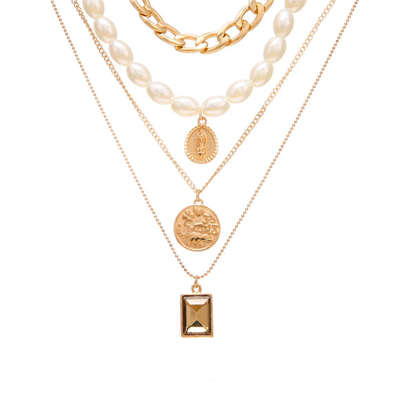 Wholesale Jewelry Retro Vintage Style Geometric Alloy Ochain Multilayer Pearl Necklace For Women