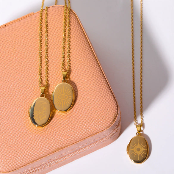 Wholesale Jewelry Retro Vintage Style Oval Copper Electroplated Geometric Sun Moon Devil's Eye Pendant Clavicle Ochain For Women