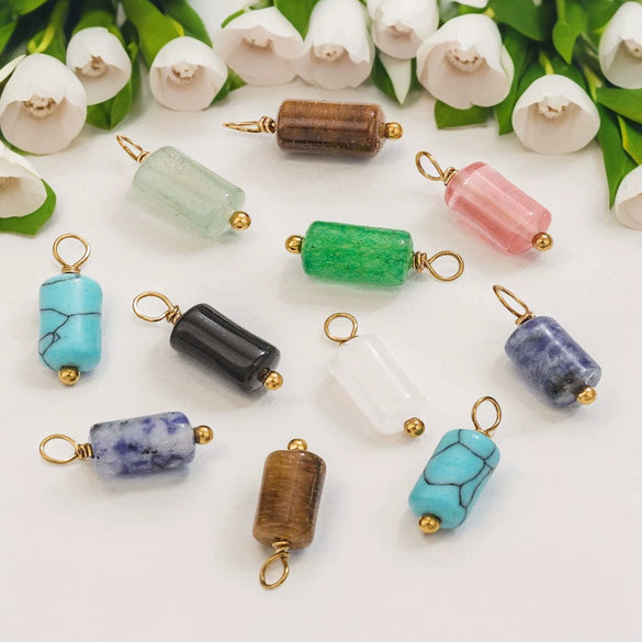 Wholesale Jewelry Retro Waterproof Stainless Steel With Natural Stone Cylindrical Pendant Electroplated Handmade Earrings Necklace Accessories