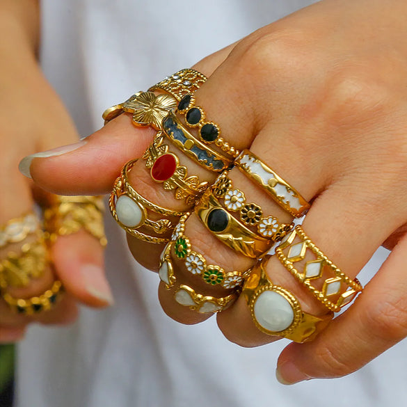 Wholesale Jewelry Rock Oversized Leaves Eye Flower 304 Stainless Steel Gem 18K Gold Plated Inlay Open Rings