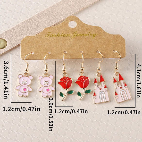 Wholesale Jewelry Romantic Castle Bear Rose Alloy Enamel Plating Drop Earrings