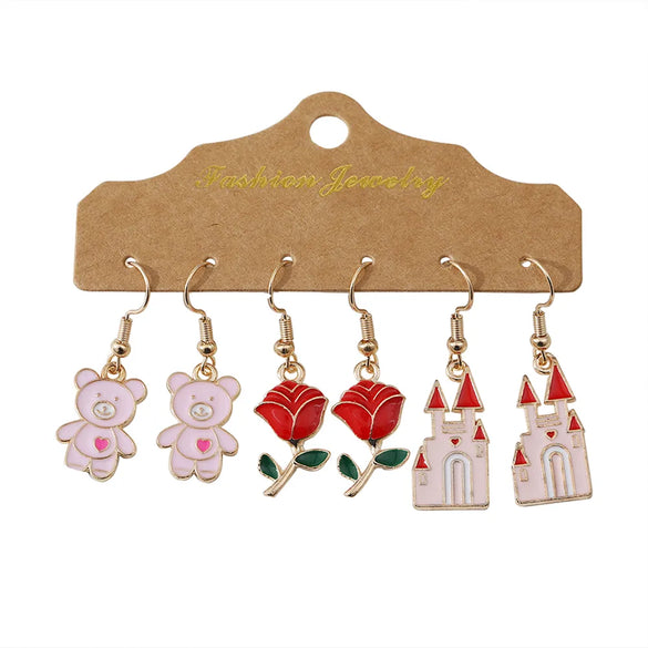 Wholesale Jewelry Romantic Castle Bear Rose Alloy Enamel Plating Drop Earrings