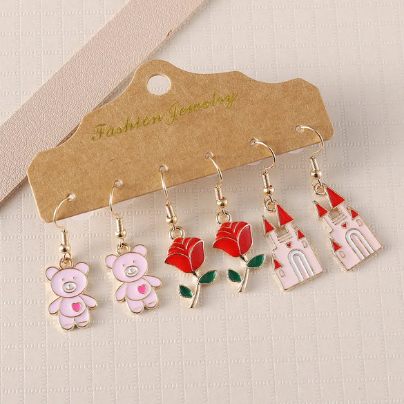 Wholesale Jewelry Romantic Castle Bear Rose Alloy Enamel Plating Drop Earrings