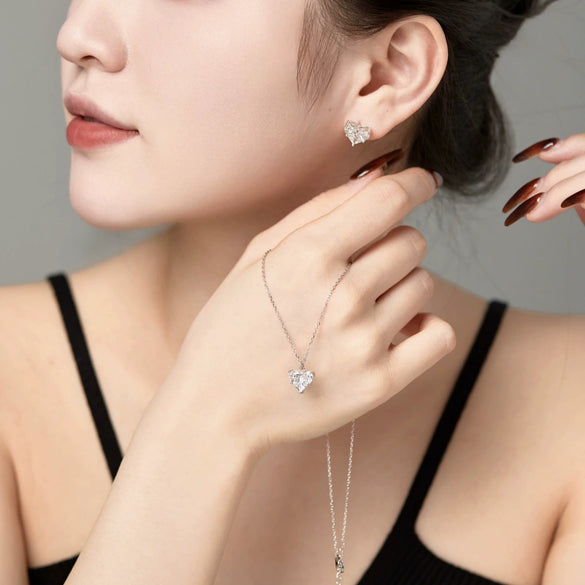 Wholesale Jewelry S925 Silver Light Luxury Heartshaped Zircon Electroplated Necklace Earrings