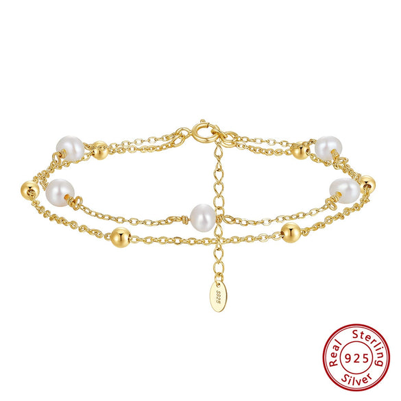 Wholesale Jewelry S925 Sterling Silver Cultured Freshwater Pearl Double Chain Wrapped Bracelet Elegant Vintage Electroplated Style