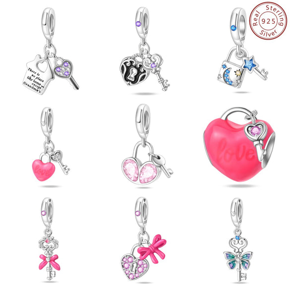 Wholesale Jewelry S925 Sterling Silver Heart Lock Key Pendant Beads Dripping Oil Design Bracelet Accessories