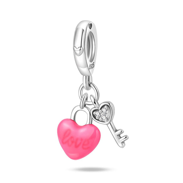Wholesale Jewelry S925 Sterling Silver Heart Lock Key Pendant Beads Dripping Oil Design Bracelet Accessories