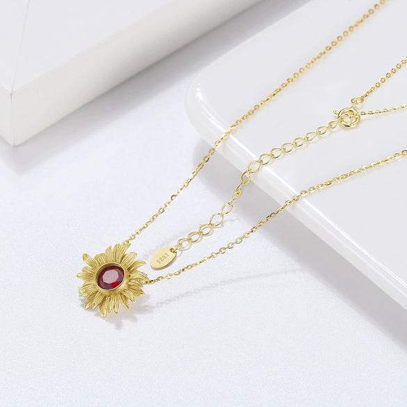 Wholesale Jewelry S925 Sterling Silver Necklace With Natural Garnet And Sunflower Geometric Style Electroplated