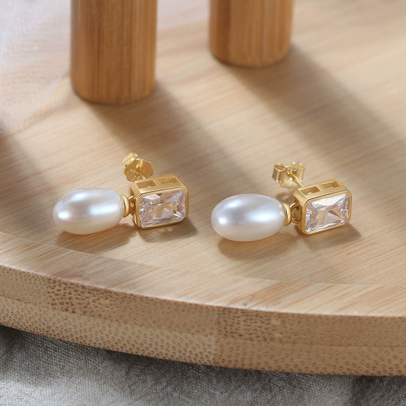 Wholesale Jewelry S925 Sterling Silver Square Zircon Natural Pearl Electroplating Geometric Earrings For Women
