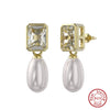 Wholesale Jewelry S925 Sterling Silver Square Zircon Natural Pearl Electroplating Geometric Earrings For Women