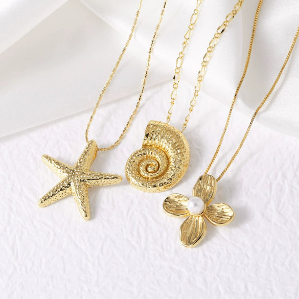 Wholesale Jewelry Sea Wind Pearl Conch Sea Star Copper 18K Gold Plated Necklace For Women