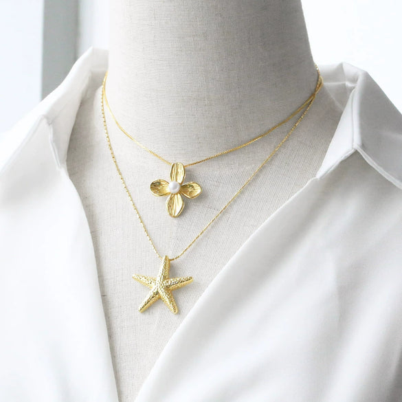 Wholesale Jewelry Sea Wind Pearl Conch Sea Star Copper 18K Gold Plated Necklace For Women
