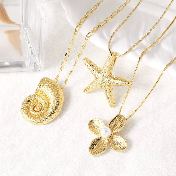Wholesale Jewelry Sea Wind Pearl Conch Sea Star Copper 18K Gold Plated Necklace For Women