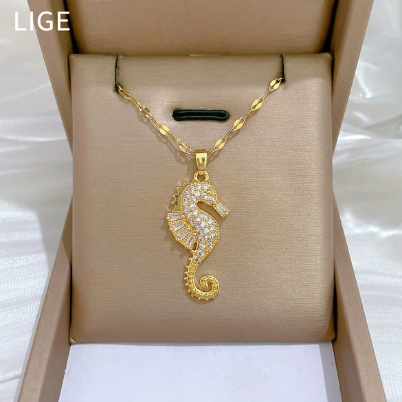 Wholesale Jewelry Seahorse Animal Geometric Stainless Steel And Copper Necklace Unisex