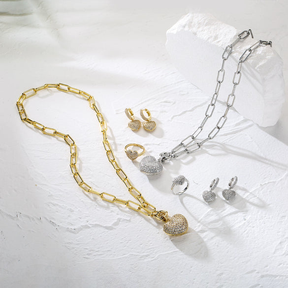Wholesale Jewelry Set Copper Light Luxury Style With Love Water Drops Bell Pattern Microinlaid Heart Pendant Electroplating Ochain For Women