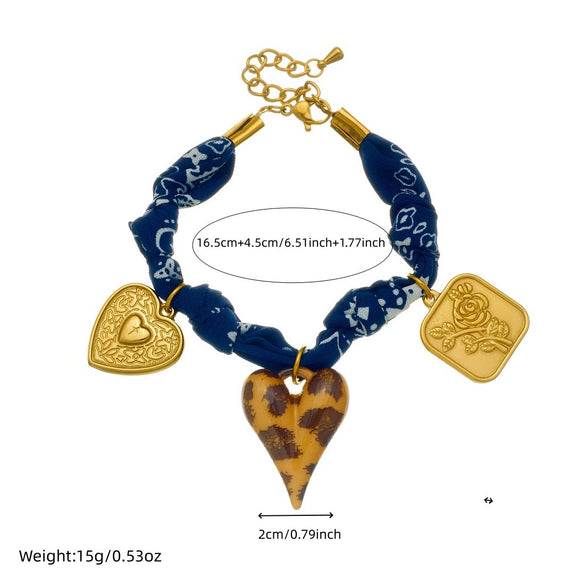 Wholesale Jewelry Set Dark Blue Printed Leopard Print Heart Shaped Ceramic Stainless Steel Electroplated Jewelry For Women