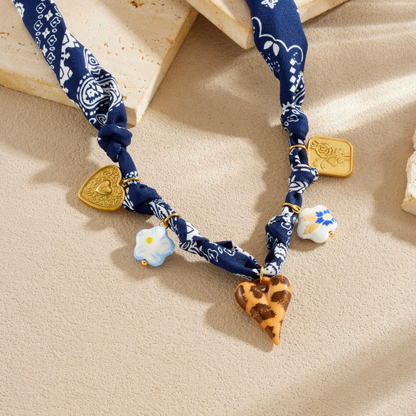 Wholesale Jewelry Set Dark Blue Printed Leopard Print Heart Shaped Ceramic Stainless Steel Electroplated Jewelry For Women