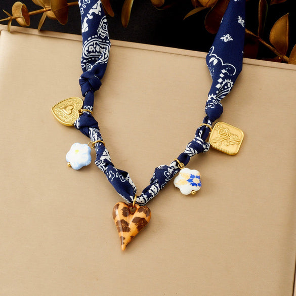 Wholesale Jewelry Set Dark Blue Printed Leopard Print Heart Shaped Ceramic Stainless Steel Electroplated Jewelry For Women