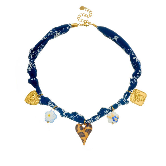 Wholesale Jewelry Set Dark Blue Printed Leopard Print Heart Shaped Ceramic Stainless Steel Electroplated Jewelry For Women