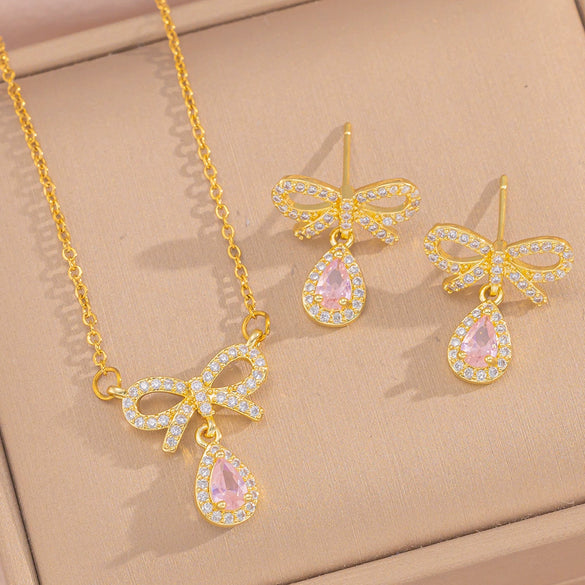 Wholesale Jewelry Set Titanium Steel Love Bow Design With Diamonds For Women