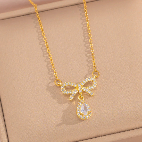 Wholesale Jewelry Set Titanium Steel Love Bow Design With Diamonds For Women