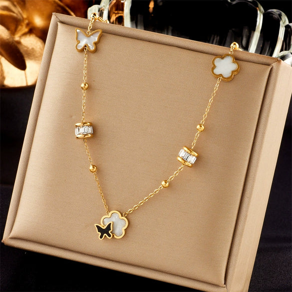 Wholesale Jewelry Shell Black And White Butterfly Flower Tassel Titanium Steel And Stainless Steel Clavicle Chain With Electroplating For Women