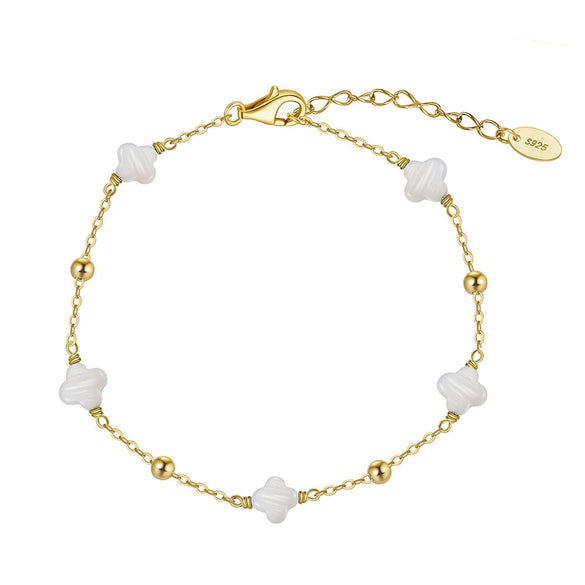 Wholesale Jewelry Shell Pearl Four Leaf Clover Round Bead Chain Bracelet S925 Sterling Silver Electroplated Geometric Style For Women