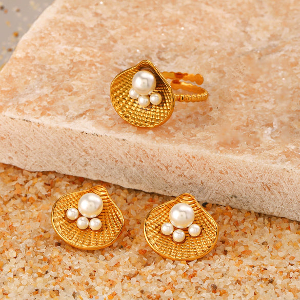 Wholesale Jewelry Shell Pearl Stainless Steel Marine Organisms Electroplating Women's Hip Hop Style