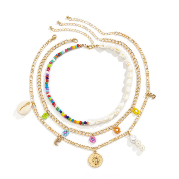 Wholesale Jewelry Shell Rice Beads Alloy Geometric Cross Chain Necklace For Women Electroplated