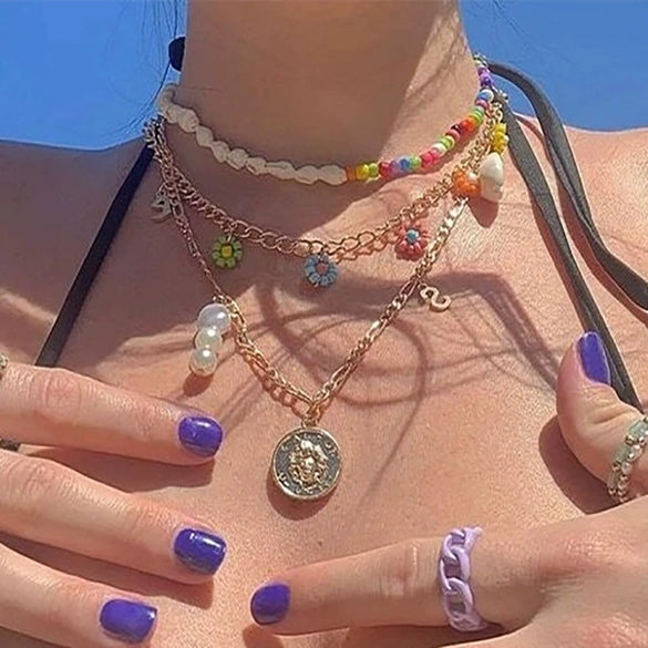 Wholesale Jewelry Shell Rice Beads Alloy Geometric Cross Chain Necklace For Women Electroplated